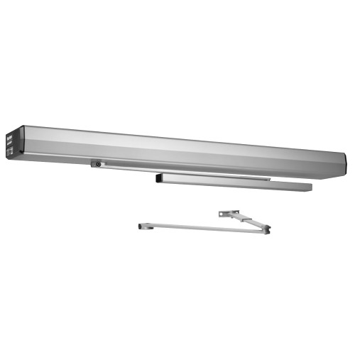 Norton 6341 689 Low Energy Surface Mounted Electromechanical Door Operator 37-3/8 Header Double Lever Arm Regular & Slide Track Arm Standard Push or Pull Side Mounted Slide Track or Top Jamb 36 - 48 Door Up to 180 Deg Swing Aluminum Painted Finish 6341 689