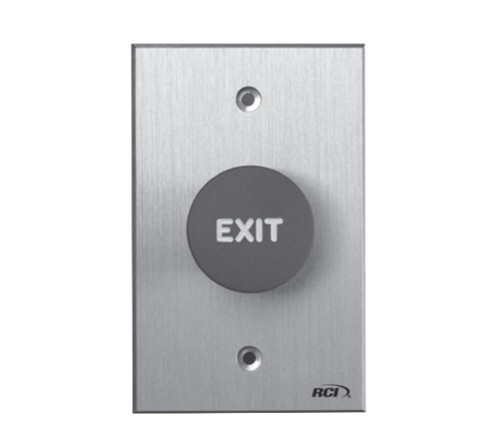 RCI 918-RE-TD 28 Tamper Resistant Exit Button Red EXIT Text Time Delay Brushed Aluminum 