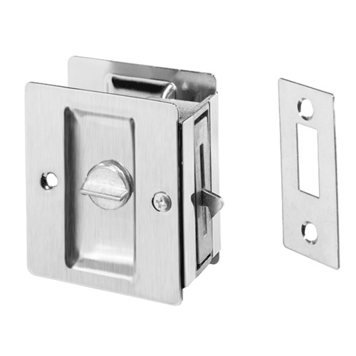 Rockwood 891 US26D Pocket Door Privacy Latch 2-1/2 Wide by 2-3/4 High Turn Piece Locks to Jamb Strike Emergency Release on Opposite Side Satin Chrome Finish
