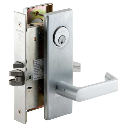 Schlage L9092EUP 06N 626 RX Grade 1 Fail Secure Electric Mortise Lock Conventional Cylinder 06 Lever N Escutcheon Request to Exit Satin Chromium Plated Finish Field Reversible L9092EUP 06N 626 RX