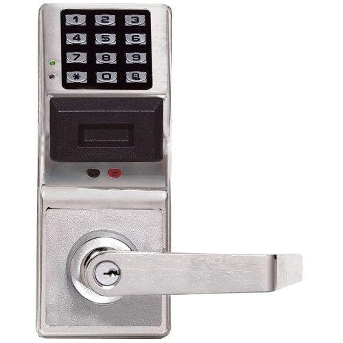 Alarm Lock PDL3000K US26D Pushbutton Cylindrical Door Lock with Prox Reader 300 Users 1600 Event Audit Trail Straight Lever Key Override Audit Satin Chrome