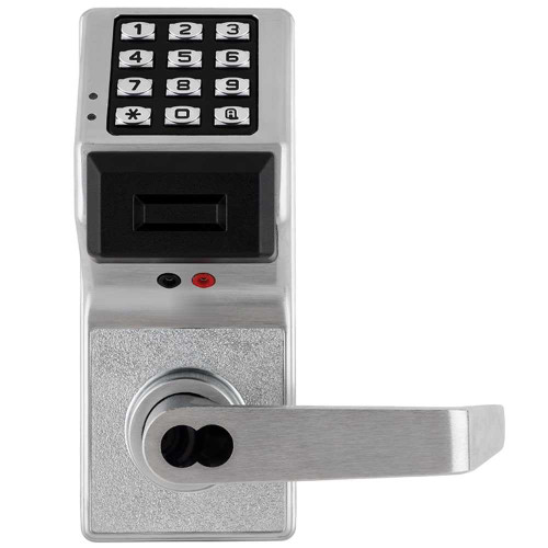 Alarm Lock PDL3000IC US26D Pushbutton Cylindrical Door Lock with Prox Reader 2000 Users 40000 Event Audit Trail Straight Lever SFIC Prep Less Core Satin Chrome Finish Non-Handed PDL3000IC US26D