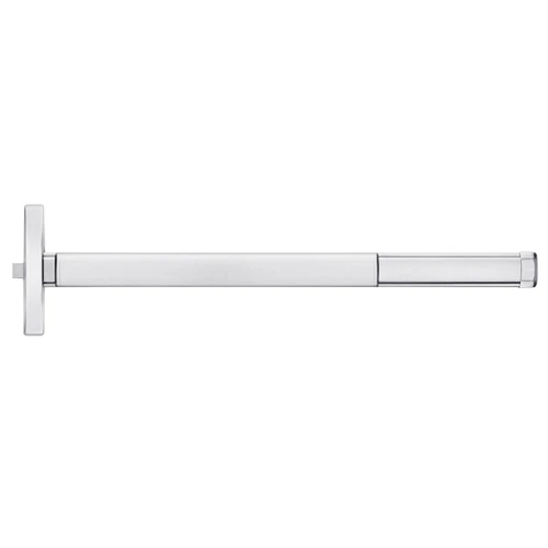 PHI DEFL2401 625 48 Grade 1 Fire Rated Rim Exit Device Narrow Stile Pushpad 48 Device Exit Only Function Delayed Egress Device 15 Seconds Bright Chromium Plated Finish Field Reversible DEFL2401 625 48