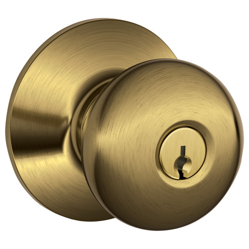 Schlage Residential F51A PLY 609 KD Grade 2 Entry Lock Plymouth Knob Conventional Cylinder Keyed Different Satin Brass Blackened Satin Relieved Clear Coated Finish Not Handed