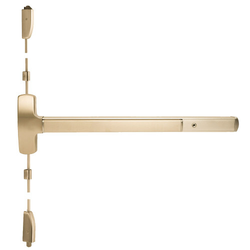 Falcon MEL25-V-512DT 3 4 Grade 1 Surface Vertical Rod Exit Bar Wide Stile Pushpad 36 Device 84 Door Height Dummy Function Escutcheon Pull Motorized Latch Retraction Hex Key Dogging Satin Brass Finish Field Reversible