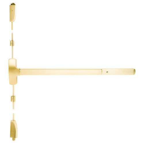 Falcon MEL25-V-NL-OP 4 3 Grade 1 Surface Vertical Rod Exit Bar Wide Stile Pushpad 48 Device 84 Door Height Night Latch Function Optional Pull Escutcheon Pull Motorized Latch Retraction Hex Key Dogging Bright Brass Finish Field Reversible