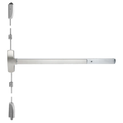 Falcon MEL25-V-NL 4 28 Grade 1 Surface Vertical Rod Exit Bar Wide Stile Pushpad 48 Device 84 Door Height Night Latch Function Escutcheon Pull Motorized Latch Retraction Hex Key Dogging Satin Aluminum Clear Anodized Finish Field Reversible