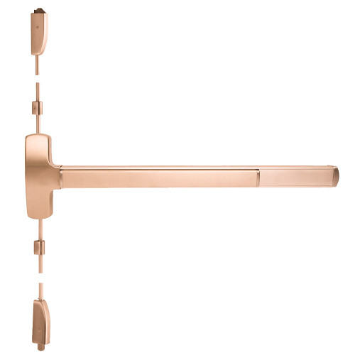 Falcon MELF-25-V-EO 3 10 Grade 1 Surface Vertical Rod Exit Bar Wide Stile Pushpad 36 Fire-Rated Device 84 Door Height Exit Only  Motorized Latch Retraction Less Dogging Satin Bronze Plated Clear Coated Finish Field Reversible