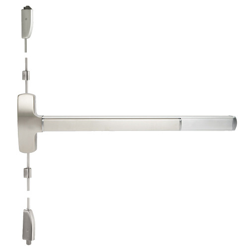 Falcon MELF-25-V-EO 3 15 Grade 1 Surface Vertical Rod Exit Bar Wide Stile Pushpad 36 Fire-Rated Device 84 Door Height Exit Only  Motorized Latch Retraction Less Dogging Satin Nickel Plated Clear Coated Finish Field Reversible