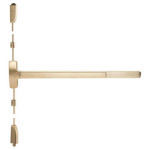 Falcon MELF-25-V-717DT 4 US4 LHR Grade 1 Surface Vertical Rod Exit Bar Wide Stile Pushpad 48 Fire-Rated Device 84 Door Height Dummy Function Tubular Pull Motorized Latch Retraction Less Dogging Satin Brass Finish Left Hand Reverse Field Reversible