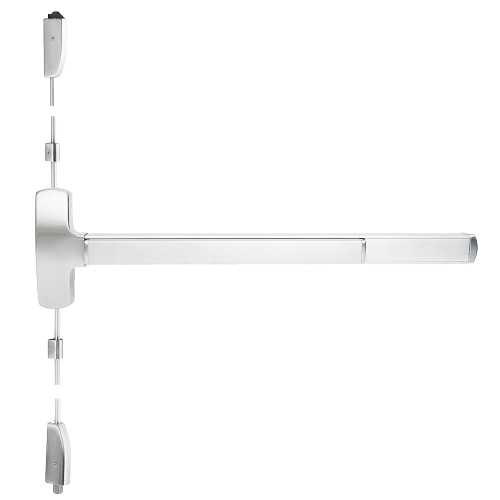 Falcon MELF-25-V-K-NL 3 26 Grade 1 Surface Vertical Rod Exit Bar Wide Stile Pushpad 36 Fire-Rated Device 84 Door Height Night Latch Function Knob with Escutcheon Motorized Latch Retraction Less Dogging Bright Chrome Finish Field Reversible