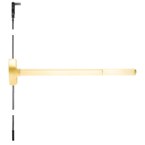 Falcon MELF-25-CWDC-512DT 4 3 Grade 1 Concealed Vertical Rod Exit Bar Wide Stile Pushpad 48 Fire-Rated Device 84 Door Height Dummy Function Escutcheon Pull Motorized Latch Retraction Less Dogging Bright Brass Finish Field Reversible