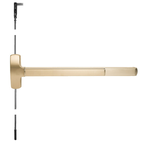Falcon MELF-25-CWDC-512DT 3 4 Grade 1 Concealed Vertical Rod Exit Bar Wide Stile Pushpad 36 Fire-Rated Device 84 Door Height Dummy Function Escutcheon Pull Motorized Latch Retraction Less Dogging Satin Brass Finish Field Reversible