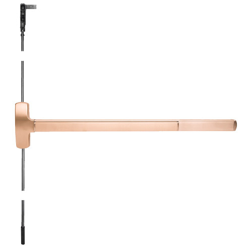 Falcon MELF-25-CWDC-EO 4 10 Grade 1 Concealed Vertical Rod Exit Bar Wide Stile Pushpad 48 Fire-Rated Device 84 Door Height Exit Only  Motorized Latch Retraction Less Dogging Satin Bronze Plated Clear Coated Finish Field Reversible