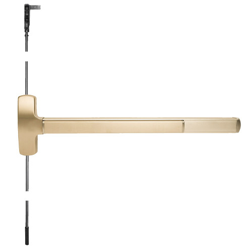 Falcon MELF-25-CWDC-TP-BE 3 4 Grade 1 Concealed Vertical Rod Exit Bar Wide Stile Pushpad 36 Fire-Rated Device 84 Door Height Passage Function Thumbpiece Pull Motorized Latch Retraction Less Dogging Satin Brass Finish Field Reversible