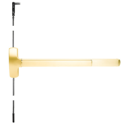 Falcon MELF-25-CWDC-512DT 3 3 Grade 1 Concealed Vertical Rod Exit Bar Wide Stile Pushpad 36 Fire-Rated Device 84 Door Height Dummy Function Escutcheon Pull Motorized Latch Retraction Less Dogging Bright Brass Finish Field Reversible