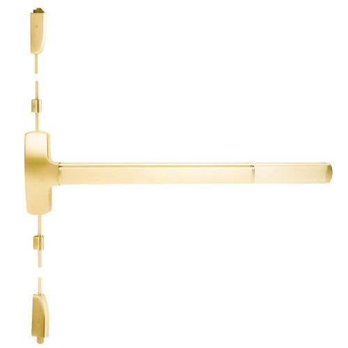 Falcon MELF-25-V-NL 3 3 Grade 1 Surface Vertical Rod Exit Bar Wide Stile Pushpad 36 Fire-Rated Device 84 Door Height Night Latch Function Escutcheon Pull Motorized Latch Retraction Less Dogging Bright Brass Finish Field Reversible