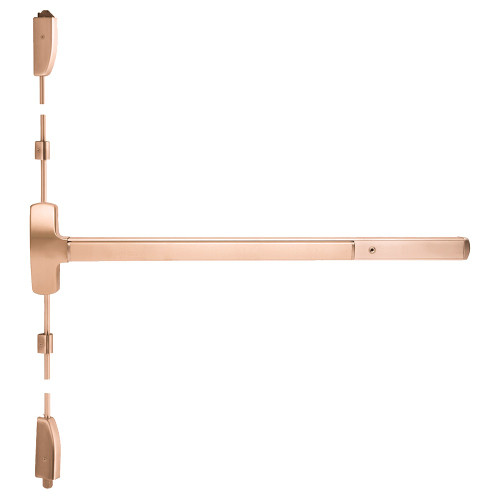 Falcon MEL25-V-TP 4 10 Grade 1 Surface Vertical Rod Exit Bar Wide Stile Pushpad 48 Device 84 Door Height Classroom Function Thumbpiece Pull Motorized Latch Retraction Hex Key Dogging Satin Bronze Plated Clear Coated Finish Field Reversible MEL25-V-TP 4 10