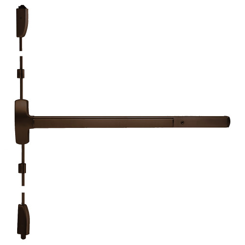 Falcon MEL25-V-NL-OP 4 643E Grade 1 Surface Vertical Rod Exit Bar Wide Stile Pushpad 48 Device 84 Door Height Night Latch Function Optional Pull Escutcheon Pull Motorized Latch Retraction Hex Key Dogging Aged Bronze Finish Field Reversible