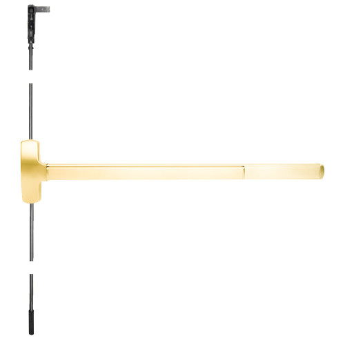 Falcon MELF-25-C-512DT 4 32 Grade 1 Concealed Vertical Rod Exit Bar Wide Stile Pushpad 48 Fire-Rated Device 84 Door Height Dummy Function Escutcheon Pull Motorized Latch Retraction Less Dogging Bright Brass Plated Clear Coated Finish Field Reversible