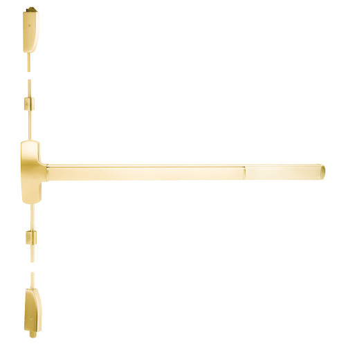 Falcon MELF-25-V-EO 4 32 Grade 1 Surface Vertical Rod Exit Bar Wide Stile Pushpad 48 Fire-Rated Device 84 Door Height Exit Only  Motorized Latch Retraction Less Dogging Bright Brass Plated Clear Coated Finish Field Reversible