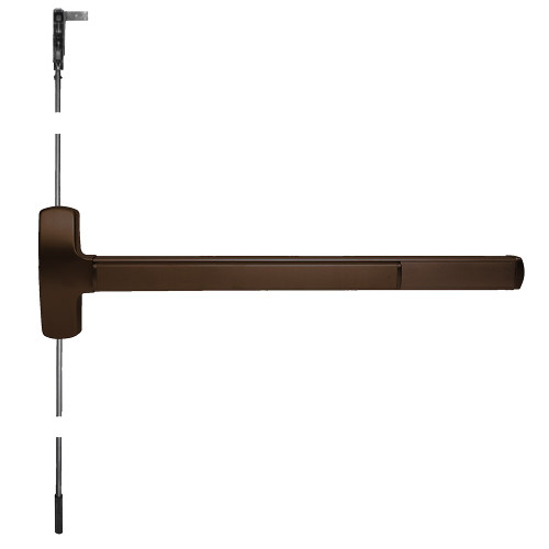 Falcon MELF-25-C-NL 3 643E Grade 1 Concealed Vertical Rod Exit Bar Wide Stile Pushpad 36 Fire-Rated Device 84 Door Height Night Latch Function Escutcheon Pull Motorized Latch Retraction Less Dogging Aged Bronze Finish Field Reversible