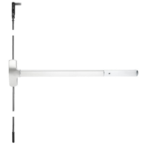 Falcon MEL25-CWDC-C 4 26 RHR Grade 1 Concealed Vertical Rod Exit Bar Wide Stile Pushpad 48 Device 84 Door Height Night Latch Function Tubular Pull Motorized Latch Retraction Hex Key Dogging Bright Chrome Finish Right Hand Reverse Field Reversible MEL25-CWDC-C 4 26 RHR