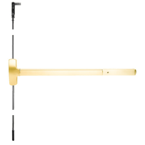 Falcon MEL25-CWDC-TP-BE 4 3 Grade 1 Concealed Vertical Rod Exit Bar Wide Stile Pushpad 48 Device 84 Door Height Passage Function Thumbpiece Pull Motorized Latch Retraction Hex Key Dogging Bright Brass Finish Field Reversible