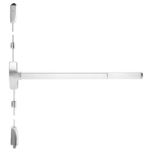 Falcon F-25-V-L-NL-D 4 32 RHR Fire Rated 25 Series Exit Device Surface Vertical Rod with Night Latch Trim Dane Lever Design 4 Ft Device Bright Stainless Steel F-25-V-L-NL-D 4 32 RHR