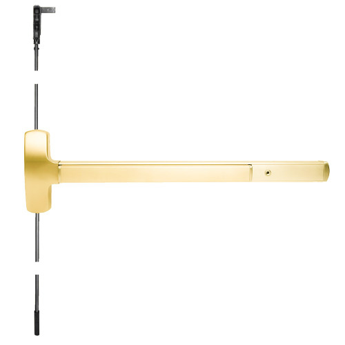 Falcon MEL25-CWDC-K-DT 3 32 Grade 1 Concealed Vertical Rod Exit Bar Wide Stile Pushpad 36 Device 84 Door Height Dummy Function Knob with Escutcheon Motorized Latch Retraction Hex Key Dogging Bright Brass Plated Clear Coated Finish Field Reversible