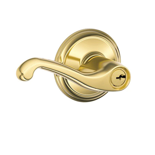 Schlage Residential F80 FLA 605 RH KD Grade 2 Storeroom Lock Flair Lever Conventional Cylinder Keyed Different Bright Brass Finish Right-Handed