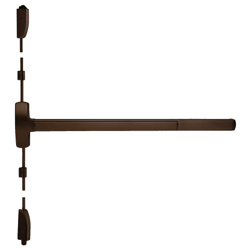 Falcon MELF-25-V-TP 4 313AN Grade 1 Surface Vertical Rod Exit Bar Wide Stile Pushpad 48 Fire-Rated Device 84 Door Height Classroom Function Thumbpiece Pull Motorized Latch Retraction Less Dogging Dark Bronze Anodized Aluminum Finish Field Reversible