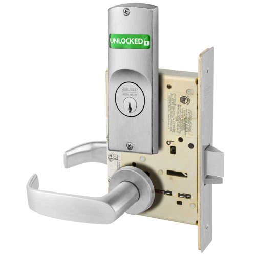 Sargent V10-8205 LNL 26D Grade 1 Entrance or Office Mortise Lock Conventional Cylinder L Lever LN Rose Indicator with Text Visual Single Indicator Outside Unlocked/Locked - Green/Red Satin Chrome Finish Non-Handed V10-8205 LNL 26D