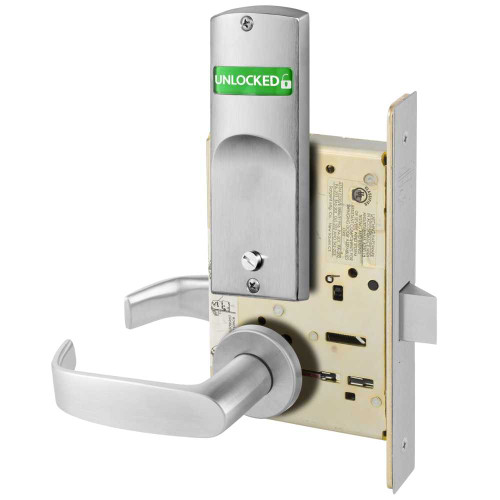 Sargent V10-8265 LNL 26D Grade 1 Bedroom or Bathroom Privacy Mortise Lock L Lever LN Rose Indicator with Text Visual Single Indicator Outside Unlocked/Locked Green/Red Satin Chrome Finish Non-Handed V10-8265 LNL 26D