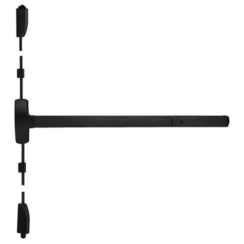 Falcon MEL25-V-NL-OP 4 19 Grade 1 Surface Vertical Rod Exit Bar Wide Stile Pushpad 48 Device 84 Door Height Night Latch Function Optional Pull Escutcheon Pull Motorized Latch Retraction Hex Key Dogging Flat Black Coated Finish Field Reversible