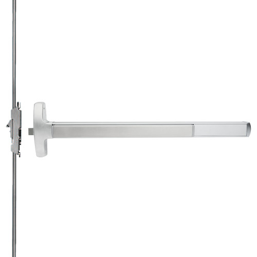 Falcon MEL-F-24-CWDC-NL 3 26 RHR Grade 1 Concealed Vertical Rod Exit Bar Narrow Stile Pushpad Fire-Rated Device 3' Door Width 84 Door Height Night Latch Function Tubular Pull Electric Latch Retraction Bright Chrome Finish Right Hand Reverse