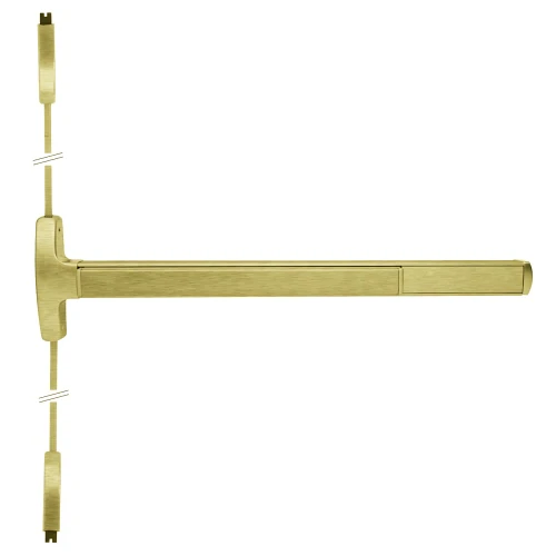 Falcon MEL-24-V-L-BE-D 4 US4 LHR Grade 1 Surface Vertical Rod Exit Bar Narrow Stile Pushpad 4' Door Width 84 Door Height Passage Function Dane Lever with Escutcheon Electric Latch Retraction Hex Key Dogging Satin Brass Finish Left Hand Reverse MEL-24-V-L-BE-D 4 US4 LHR