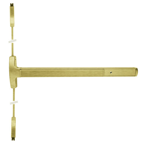 Falcon MEL-24-V-L-BE-Q 4 US4 RHR Grade 1 Surface Vertical Rod Exit Bar Narrow Stile Pushpad 4' Door Width 84 Door Height Passage Function Quantum Lever with Escutcheon Electric Latch Retraction Hex Key Dogging Satin Brass Finish Right Hand Reverse