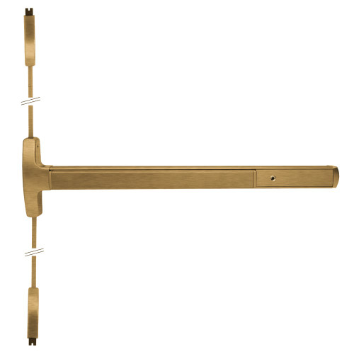 Falcon MEL-24-V-C 4 10 RHR Grade 1 Surface Vertical Rod Exit Bar Narrow Stile Pushpad 4' Door Width 84 Door Height Classroom Function Cylinder Plate Electric Latch Retraction Hex Key Dogging Satin Bronze Clear Coated Finish Right Hand Reverse