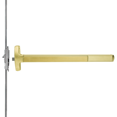 Falcon MEL-F-24-CWDCLDT-D 3 US4 LHR Grade 1 Concealed Vertical Rod Exit Bar Narrow Stile Pushpad Fire-Rated Device 3' Door Width 84 Door Height Dummy Function Dane Lever with Escutcheon Electric Latch Retraction Satin Brass Finish Left Hand Reverse