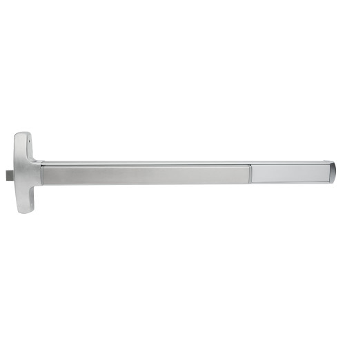 Falcon MEL-F-24-R-L-NL-Q 3 26 LHR Grade 1 Rim Exit Bar Narrow Stile Pushpad Fire-Rated Device 3' Door Width Night Latch Function Quantum Lever with Escutcheon Electric Latch Retraction Bright Chrome Finish Left Hand Reverse MEL-F-24-R-L-NL-Q 3 26 LHR