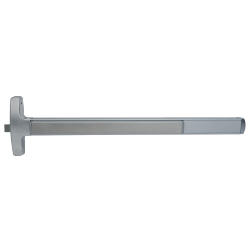 Falcon MEL-F-24-R-NL 4 28 RHR Grade 1 Rim Exit Bar Narrow Stile Pushpad Fire-Rated Device 4' Door Width Night Latch Function Tubular Pull Electric Latch Retraction Satin Aluminum Clear Anodized Finish Right Hand Reverse