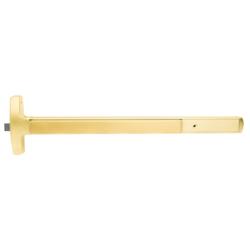 Falcon MELRX24-R-L-NL-Q 4 US3 RHR Grade 1 Rim Exit Bar Narrow Stile Pushpad 4' Door Width Night Latch Function Quantum Lever with Escutcheon Electric Latch Retraction Request to Exit Switch Hex Key Dogging Bright Brass Finish Right Hand Reverse