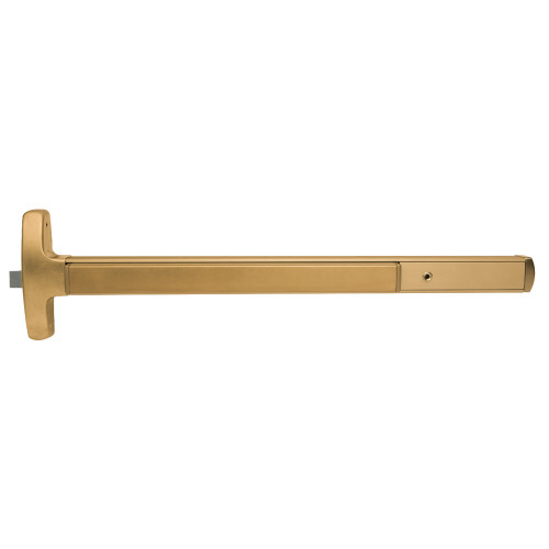 Falcon MELRX24-R-L-BE-S 4 10 LHR Grade 1 Rim Exit Bar Narrow Stile Pushpad 4' Door Width Passage Function Sutro Lever with Escutcheon Electric Latch Retraction Request to Exit Switch Hex Key Dogging Satin Bronze Clear Coated Finish Left Hand Reverse