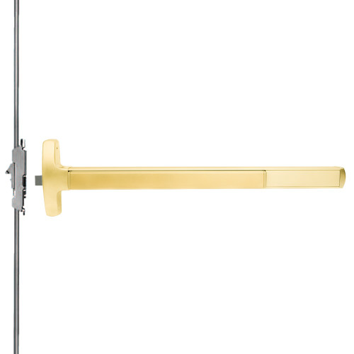 Falcon MELRXF-24-C-C 4 US3 RHR Grade 1 Concealed Vertical Rod Exit Bar Narrow Stile Pushpad Fire-Rated Device 4' Door Width 84 Door Height Cylinder Plate Electric Latch Retraction Request to Exit Switch Bright Brass Finish Right Hand Reverse