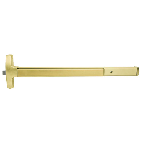 Falcon MELRXF-24-R-L-NL-S 3 US4 LHR Grade 1 Rim Exit Bar Narrow Stile Pushpad 3' Door Width Night Latch Function Sutro Lever with Escutcheon Electric Latch Retraction Request to Exit Switch Hex Key Dogging Satin Brass Finish Left Hand Reverse