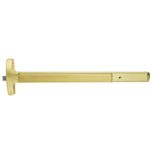 Falcon MELRXF-24-R-L-NL-S 4 US4 LHR Grade 1 Rim Exit Bar Narrow Stile Pushpad 4' Door Width Night Latch Function Sutro Lever with Escutcheon Electric Latch Retraction Request to Exit Switch Hex Key Dogging Satin Brass Finish Left Hand Reverse
