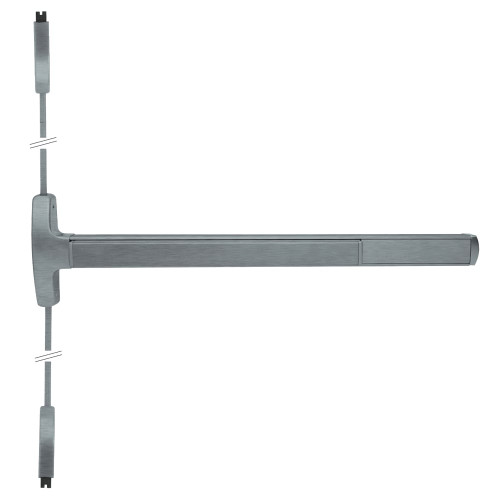 Falcon MELRXF-24-V-EO 4 28 Grade 1 Surface Vertical Rod Exit Bar Narrow Stile Pushpad 4' Door Width 84 Door Height Exit Only Electric Latch Retraction Request to Exit Switch Hex Key Dogging Satin Aluminum Clear Anodized Finish 