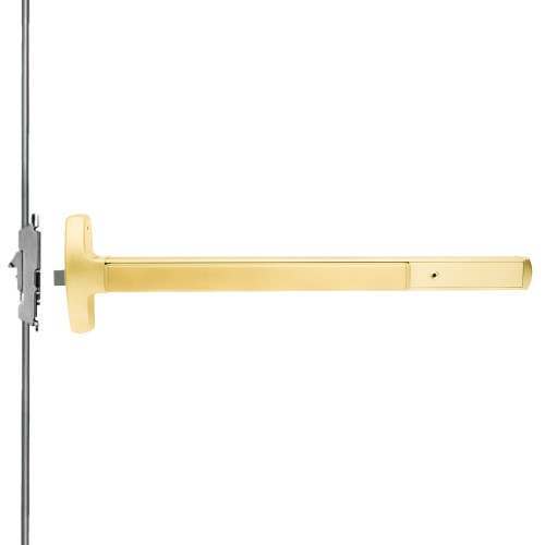 Falcon MEL-24-C-L-DT-D 3 US3 RHR Grade 1 Concealed Vertical Rod Exit Bar Narrow Stile Pushpad 3' Door Width 84 Door Height Dummy Function Dane Lever with Escutcheon Electric Latch Retraction Hex Key Dogging Bright Brass Finish Right Hand Reverse