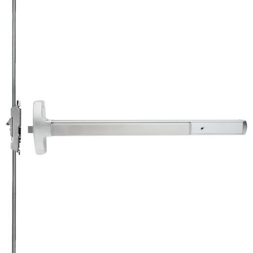 Falcon MEL-24-CWDC-NL 3 26 LHR Grade 1 Concealed Vertical Rod Exit Bar Narrow Stile Pushpad 3' Door Width 84 Door Height Night Latch Function Tubular Pull Electric Latch Retraction Hex Key Dogging Bright Chrome Finish Left Hand Reverse